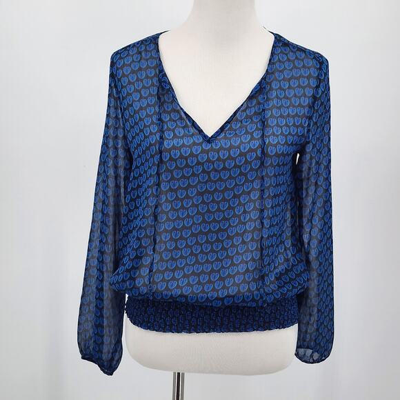 H&M Lightweight Sheer V-Neck Peasant Top Smocked Bubble Waist Women's Sz 4 S - Picture 1 of 8